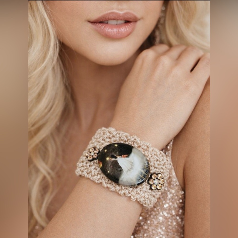 Hand Knits 2 Love Crochet Bracelet Glass Cabochon Deco Button Designer Stars Hip